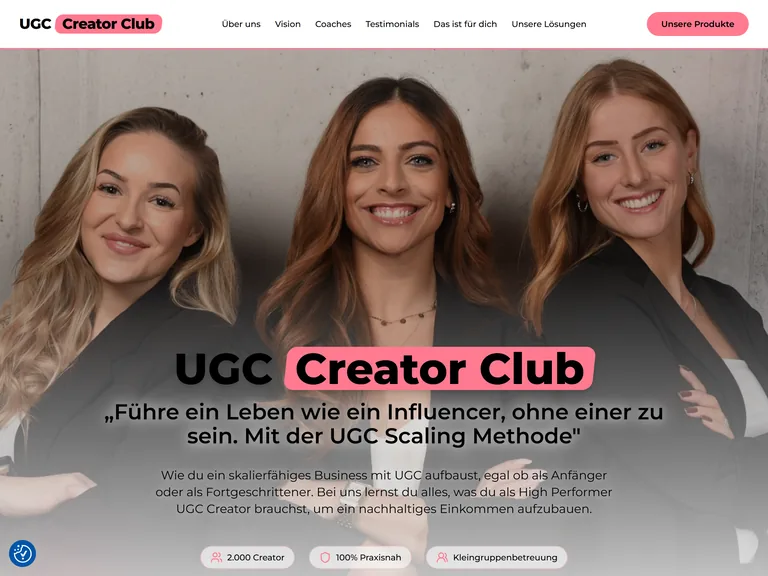Von Fischer Websites umgesetzte Website des UGC Creator Club: heller Hero mit Team-Fotografie und klarer Positionierung